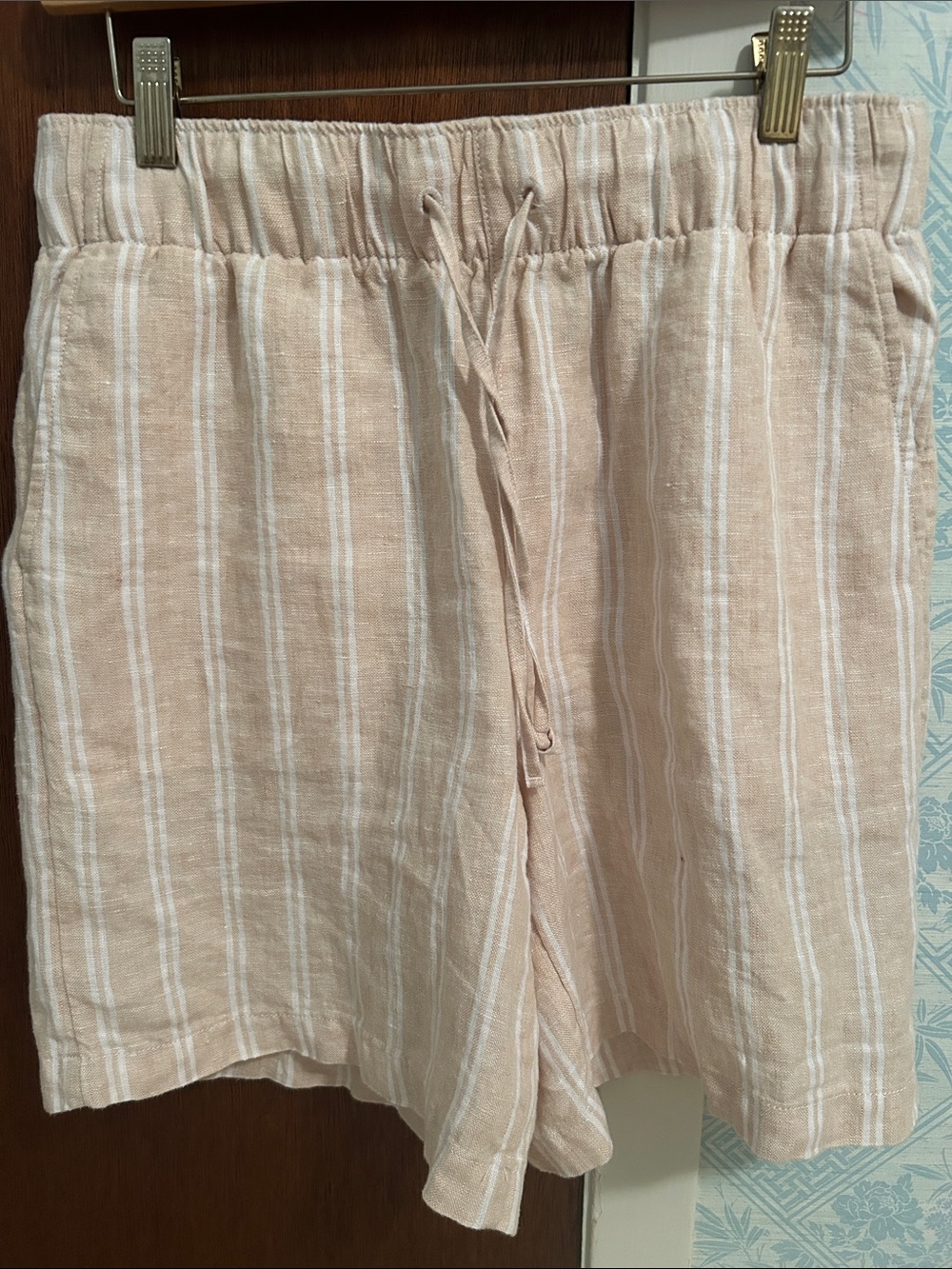 Lands' End 100% Linen White & Cream Striped Drawstring Shorts
